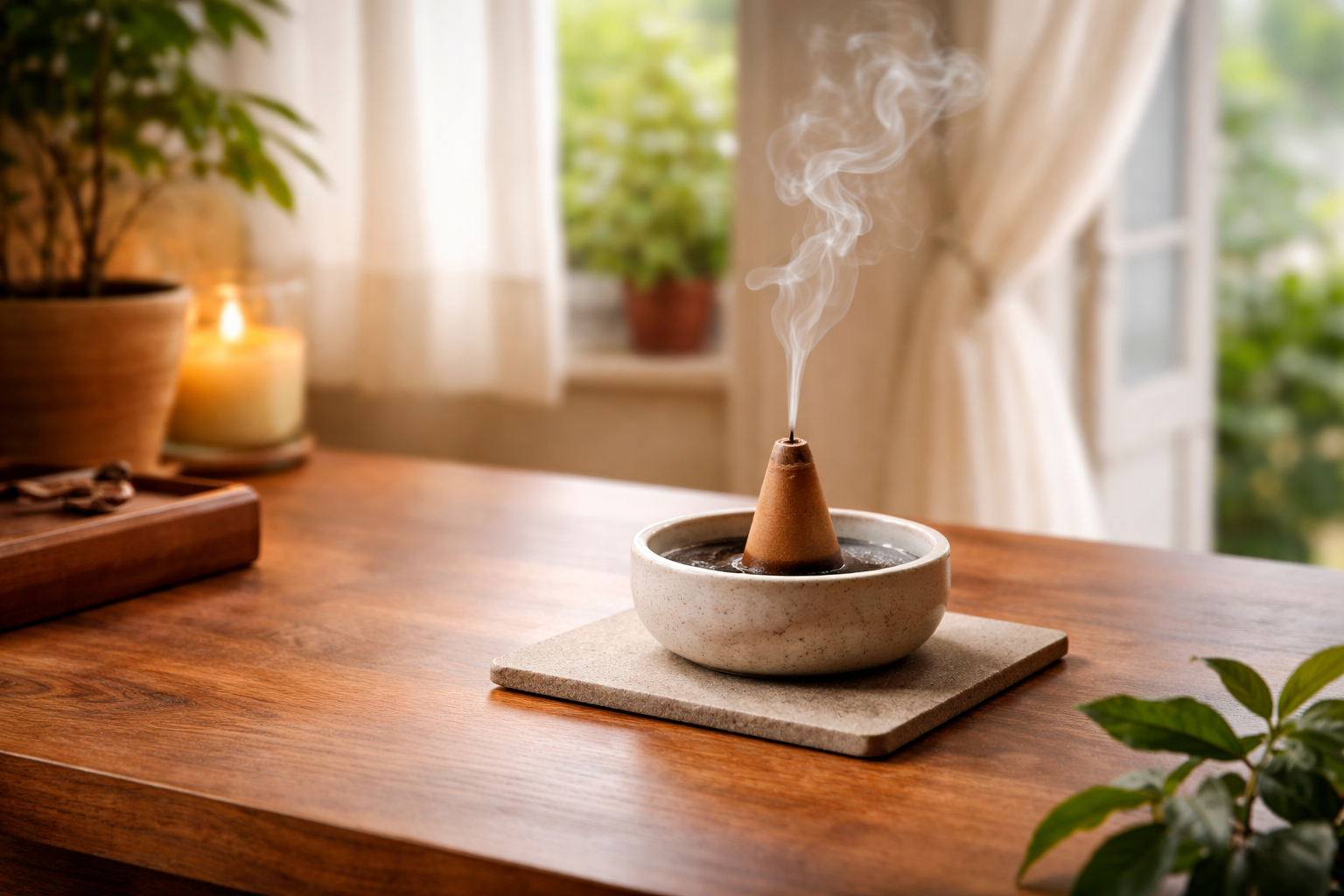 Incense burner placed safely on a heat-resistant surface with open space around it