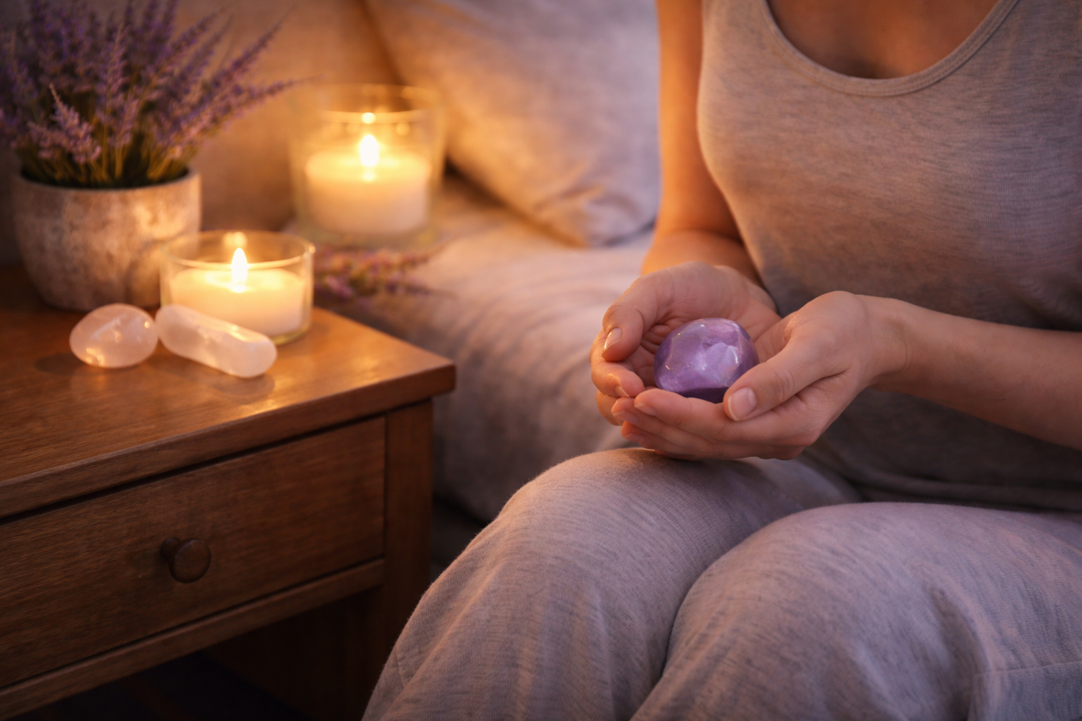 Five-step bedtime crystal ritual with dim light, breathing, intention setting, and crystal placement