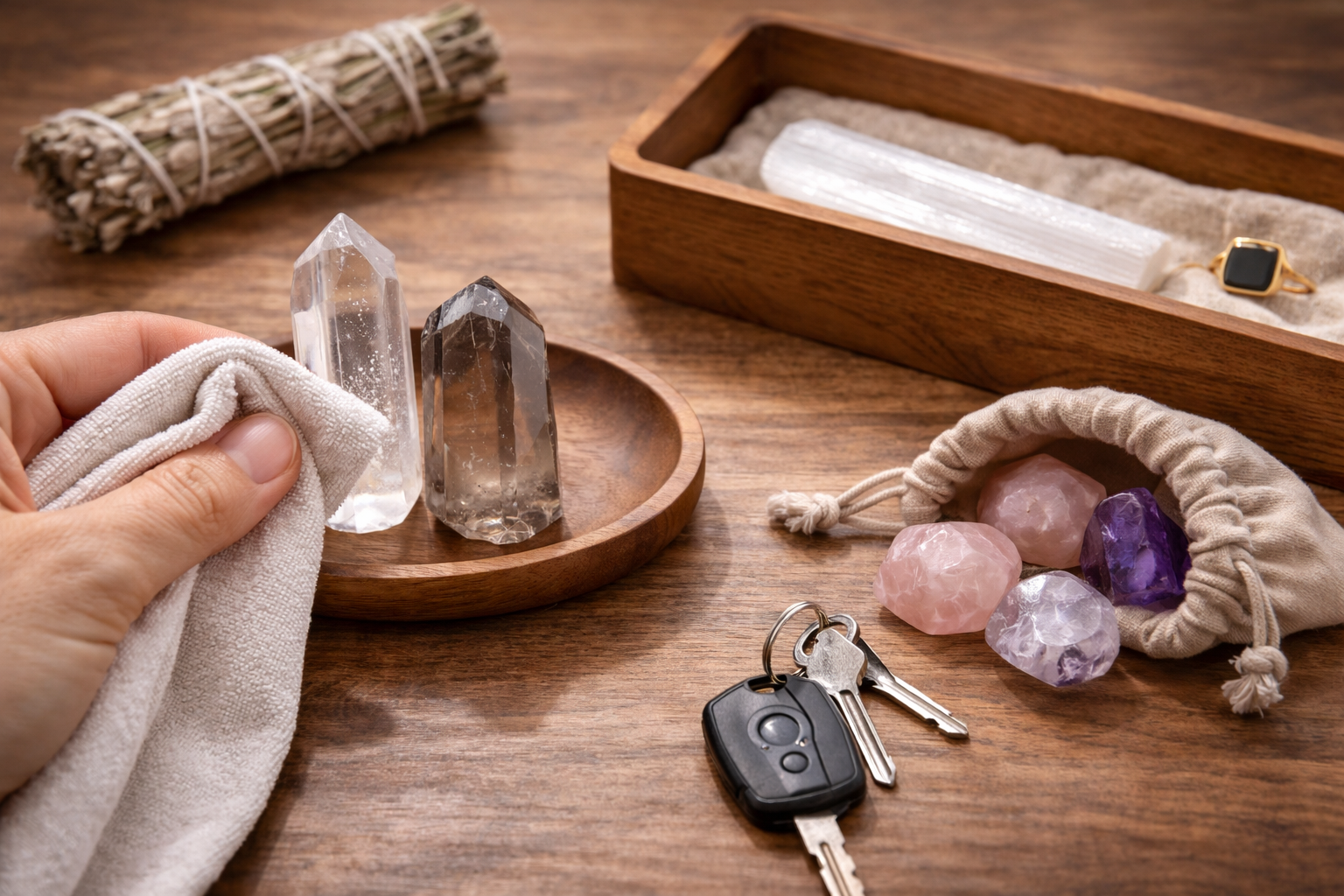 7 Best Healing Crystals for Stress, Sleep, Love, and Protection 4 Proper crystal care setup with soft cloth, padded storage tray, quartz stones, and a delicate selenite piece