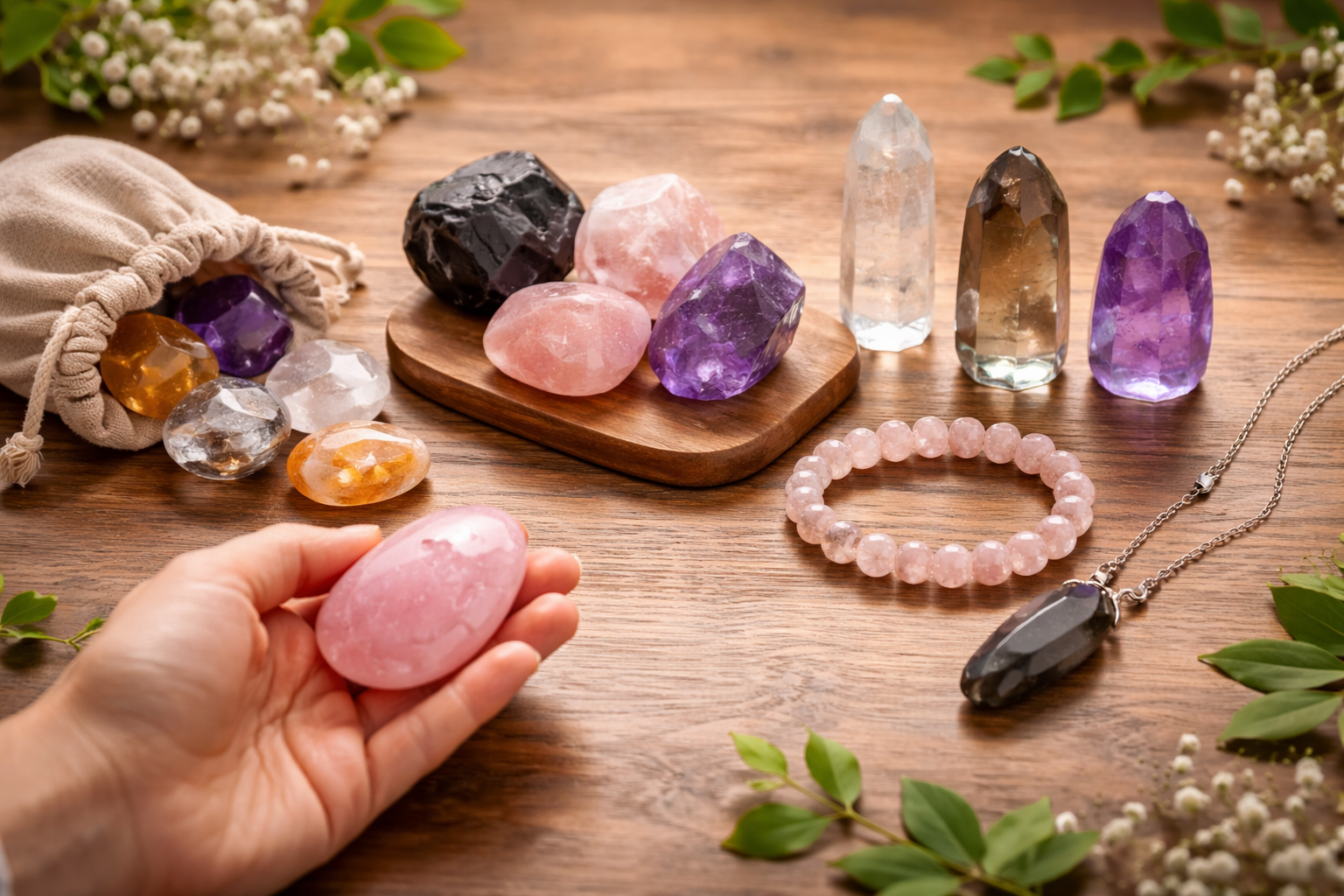 7 Best Healing Crystals for Stress, Sleep, Love, and Protection 2 Side by side crystal forms including tumbled stones, palm stones, raw chunks, towers, and crystal jewelry