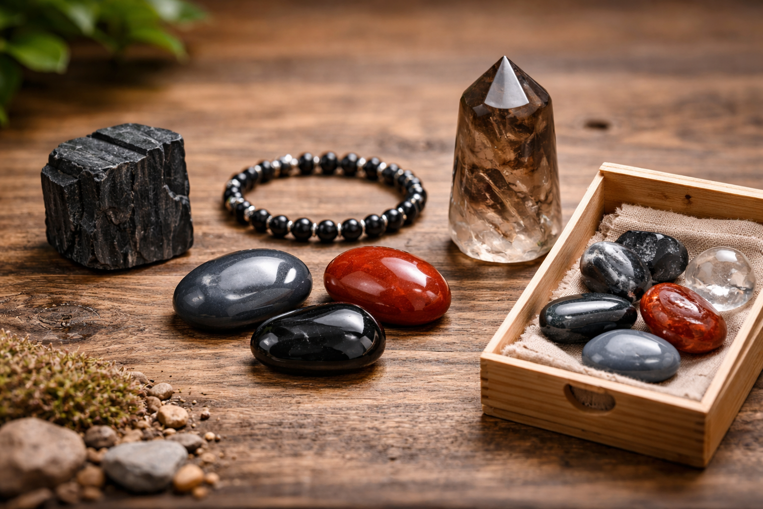 Comparison of grounding crystal formats including raw stone, palm stone, bracelet, tower, and starter set