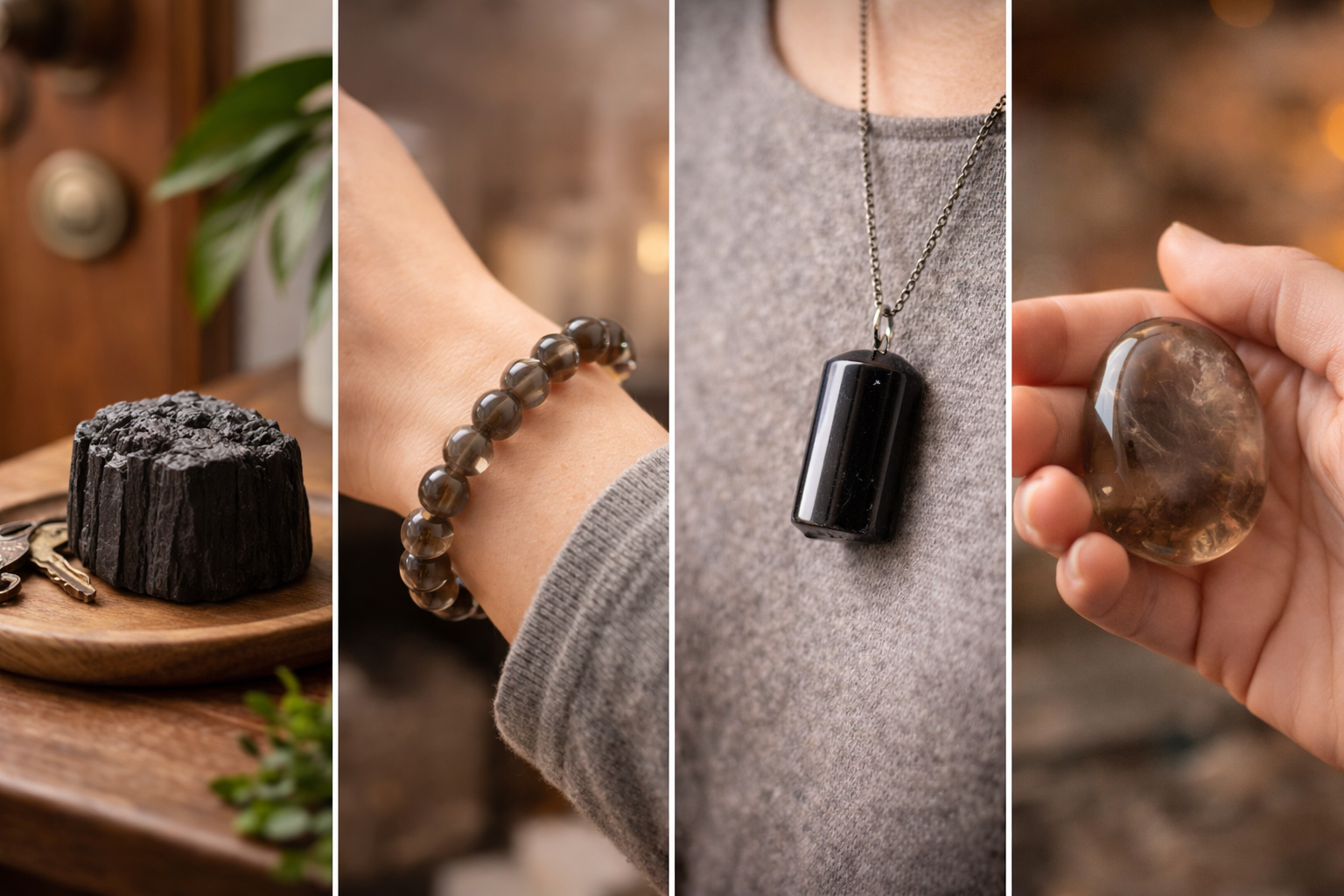 Protective crystal shown as a raw stone, bracelet, pendant, and polished palm stone