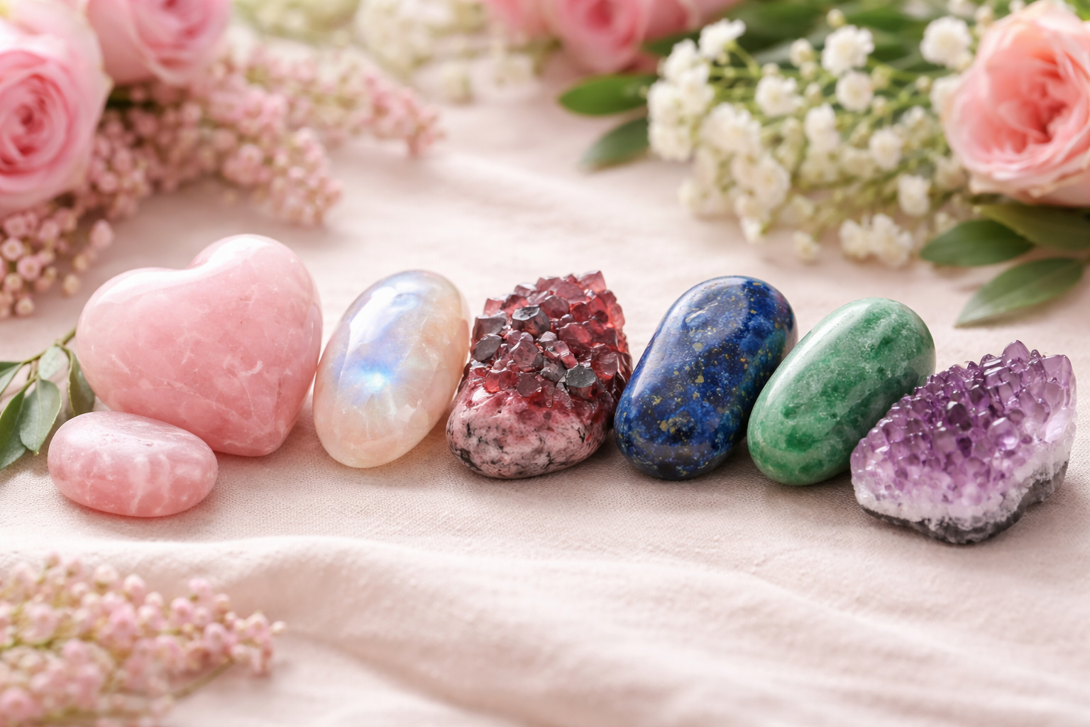 Rose quartz, moonstone, rhodonite, garnet, lapis lazuli, green aventurine, and amethyst arranged side by side