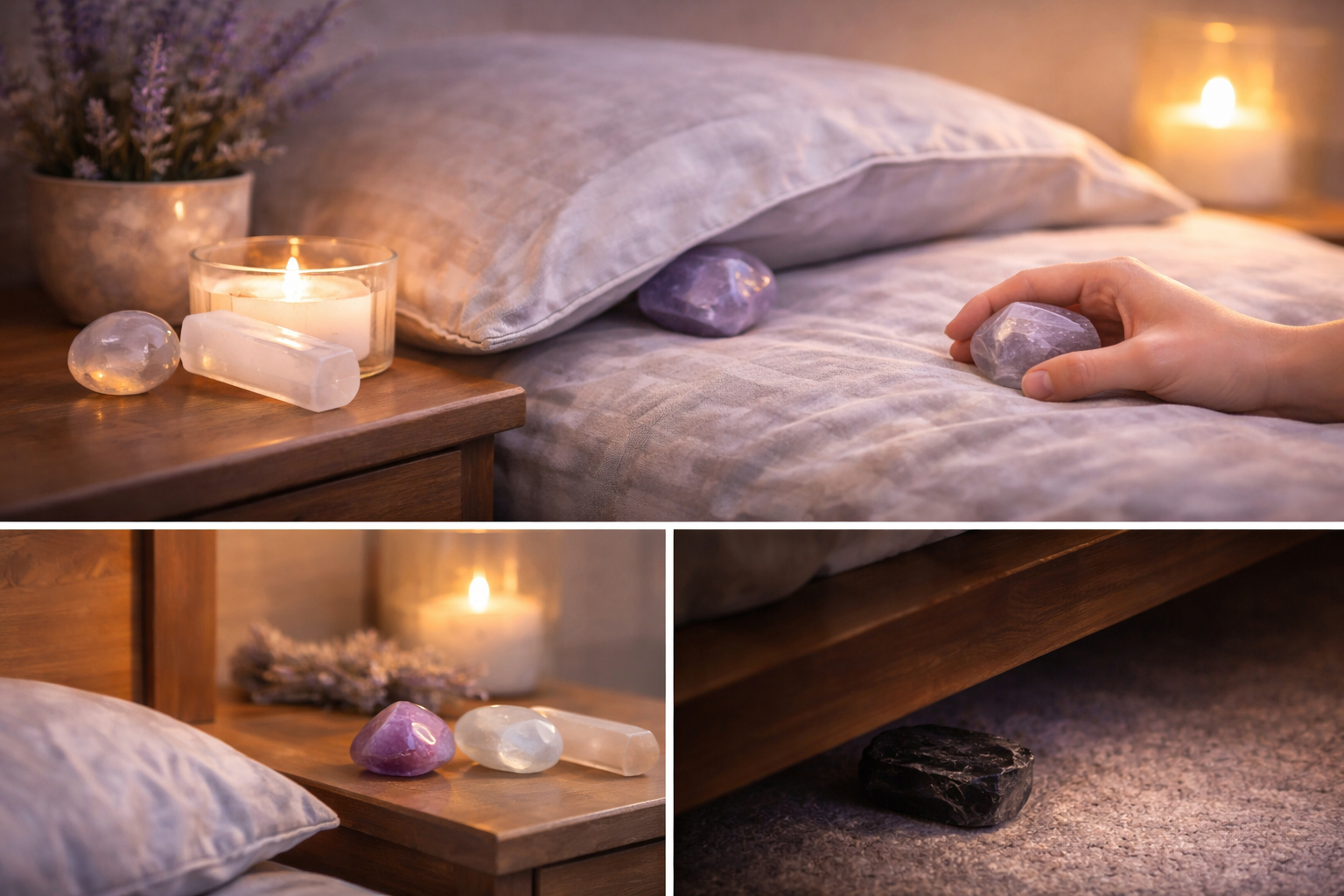 Bedroom setup showing where to place sleep crystals on a pillow, nightstand, under the bed, and in hand before sleep