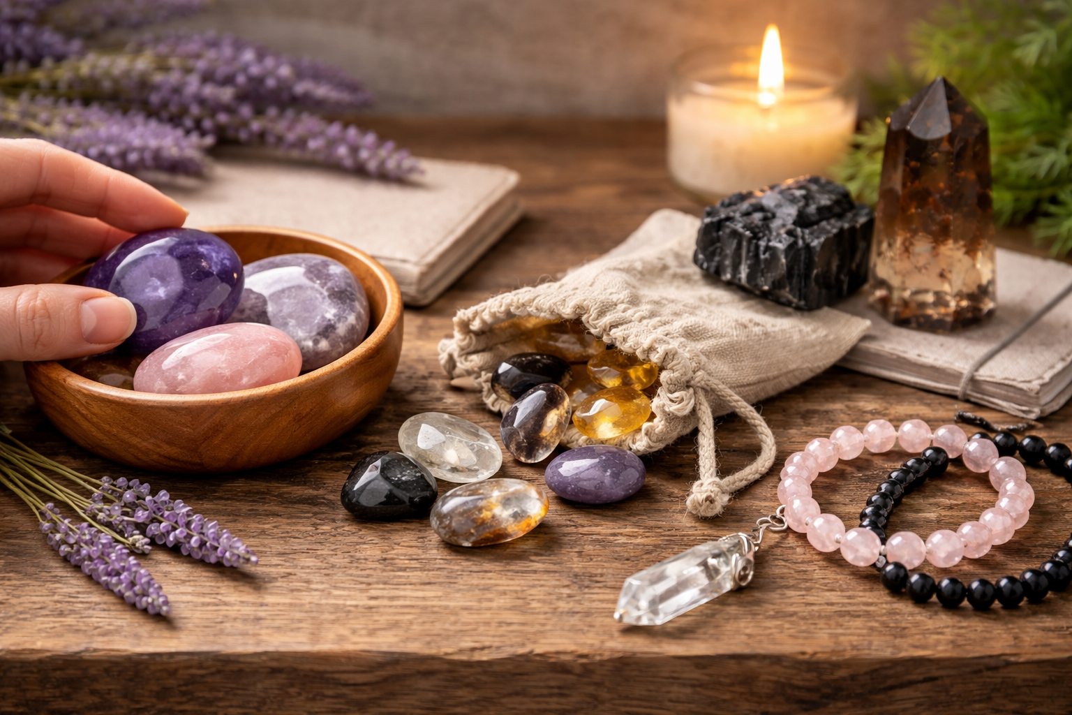 Comparison of crystal forms including palm stone, tumbled stone, bracelet, rough chunk, and tower