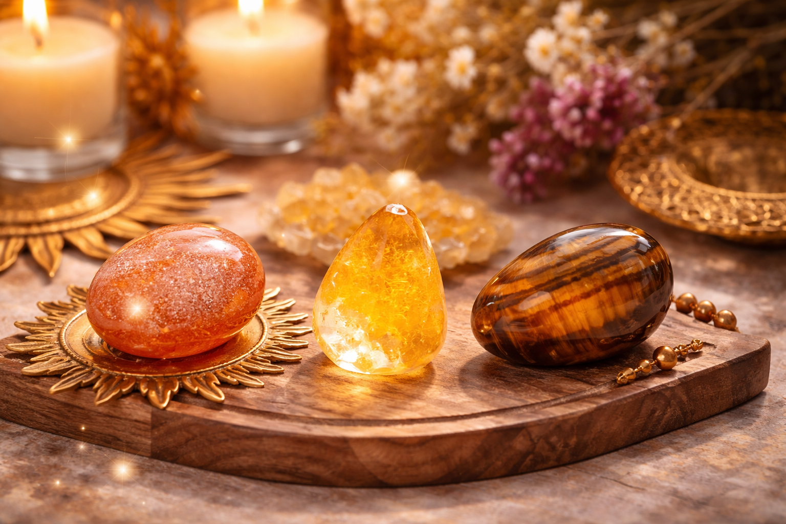 Close-up comparison of Leo crystals including sunstone, citrine, tiger's eye, carnelian, rose quartz, peridot, smoky quartz, and pyrite