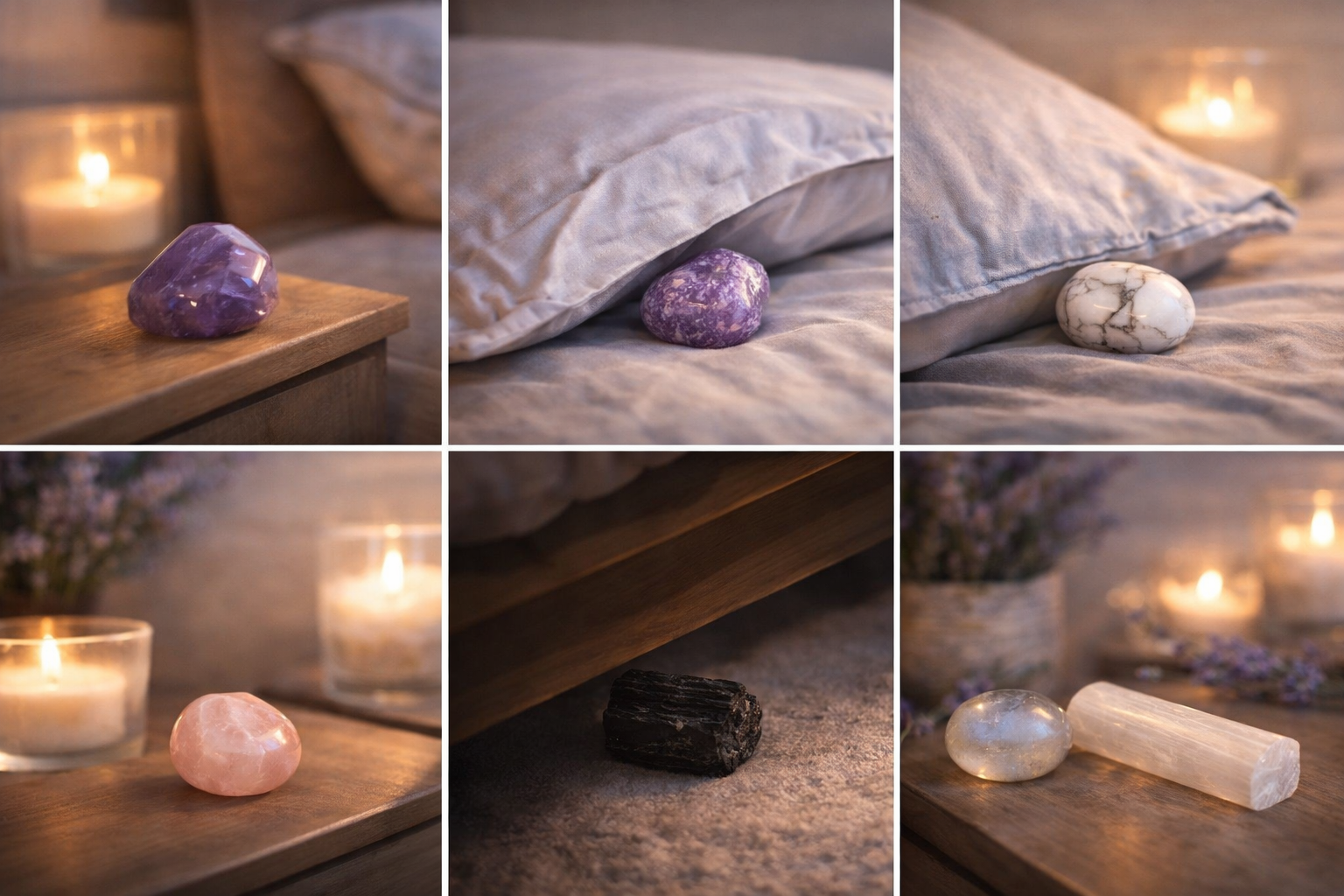 Comparison graphic showing sleep crystals matched to calming, grounding, emotional comfort, dreams, and placement