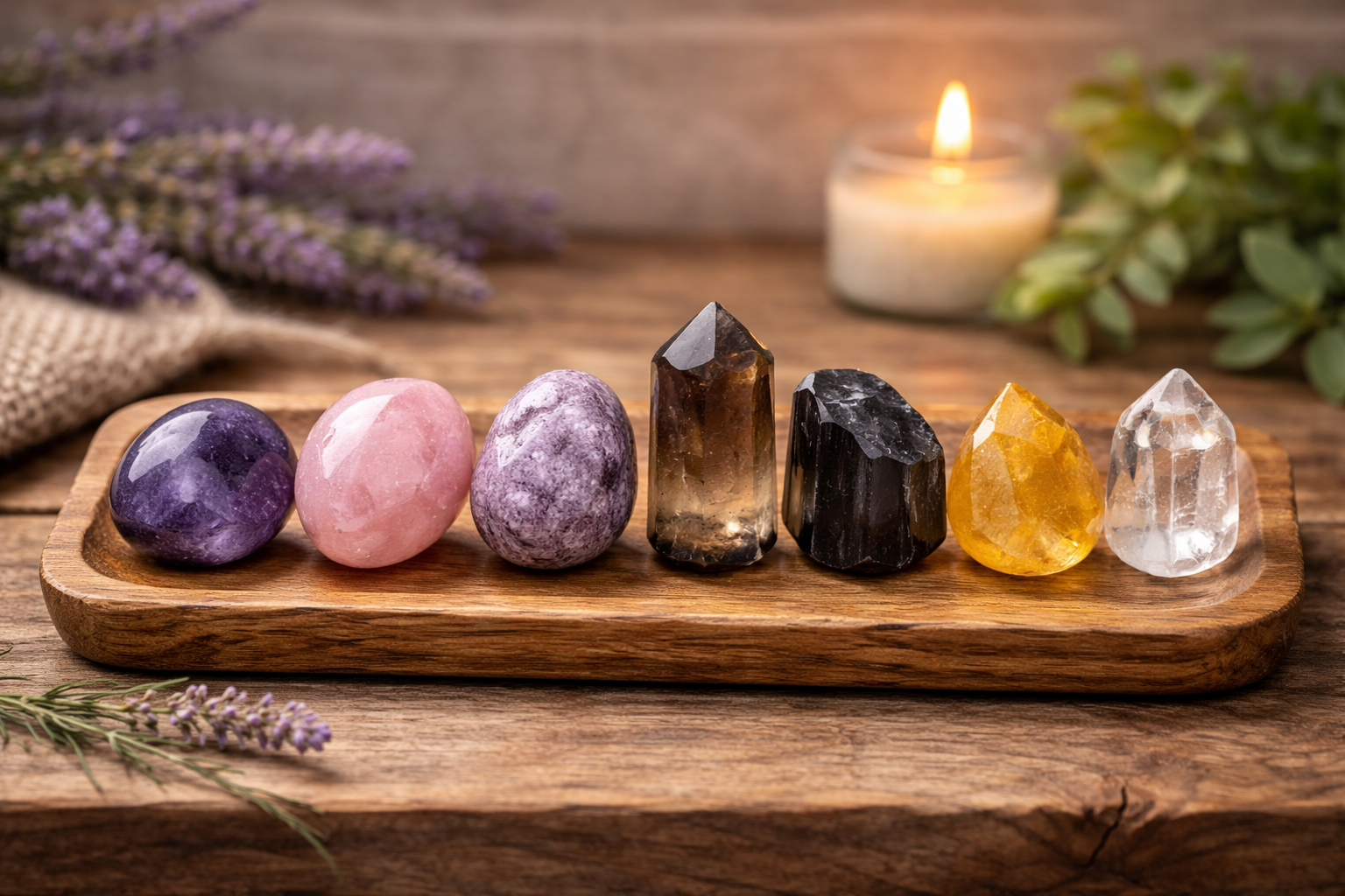 Seven beginner-friendly crystals displayed side by side with distinct colors and textures