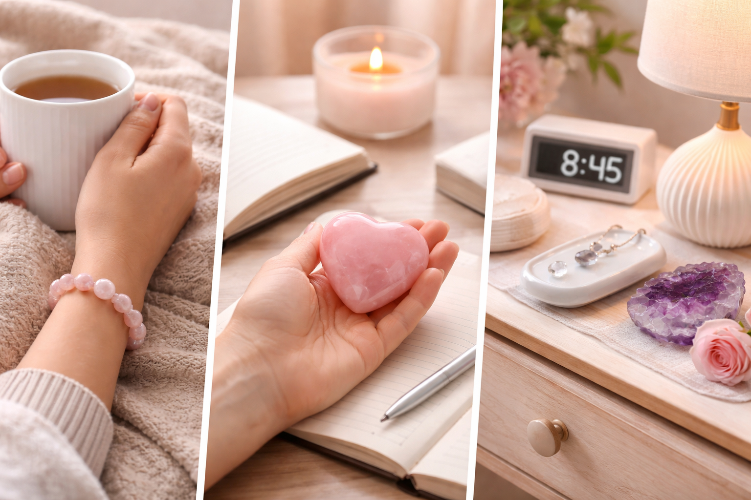 Love crystals used in daily life on a bedside table, vanity mirror area, and worn as simple jewelry