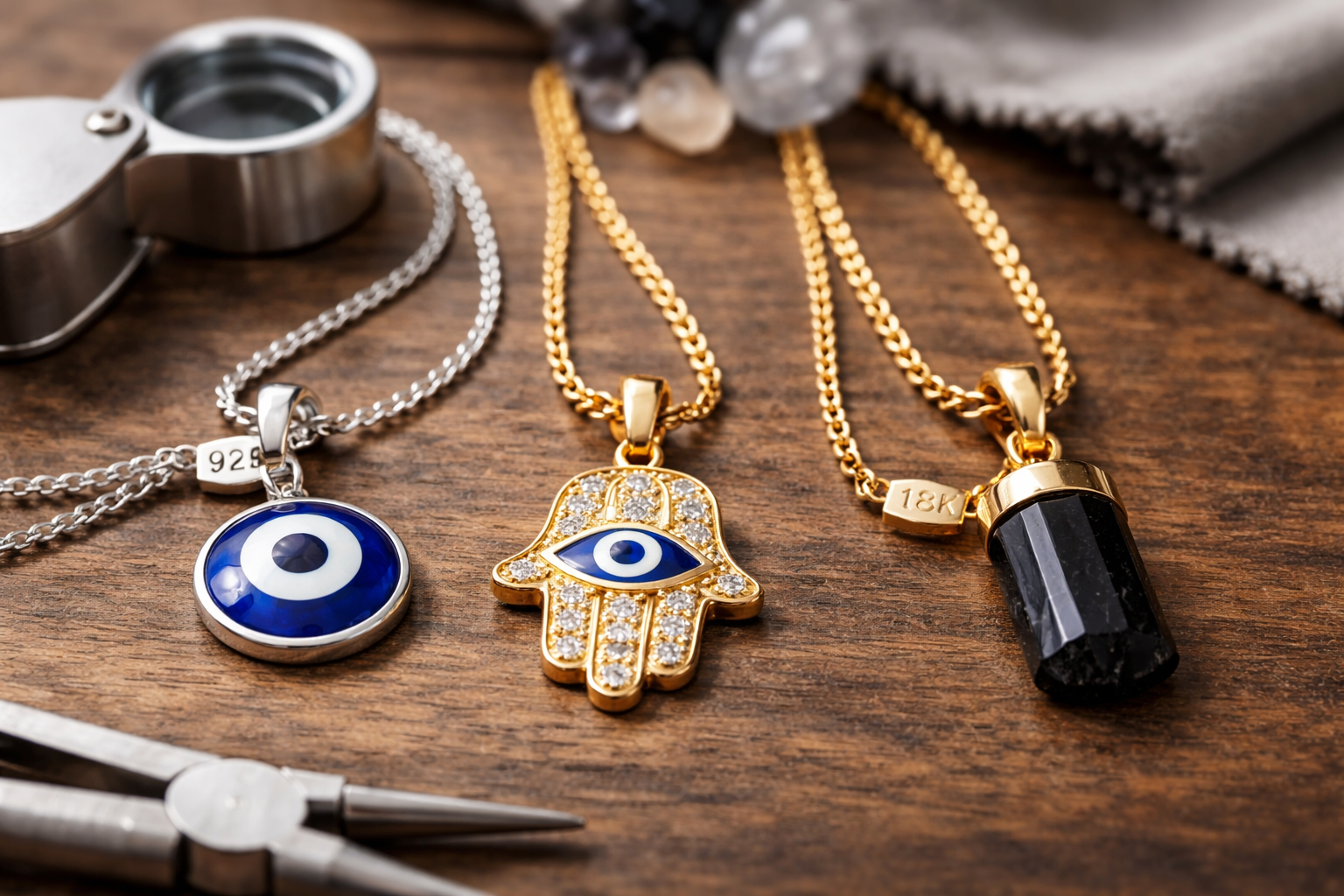 Close-up of sterling silver, gold vermeil, and gold necklace materials and clasps