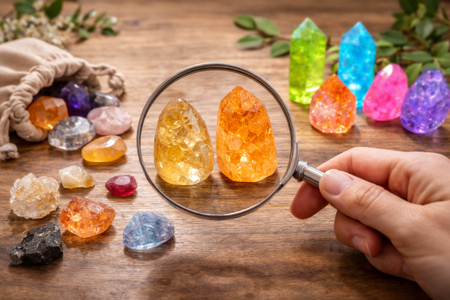 7 Best Healing Crystals for Stress, Sleep, Love, and Protection 3 Comparison of natural crystals and questionable overtreated or imitation stones with visible texture differences
