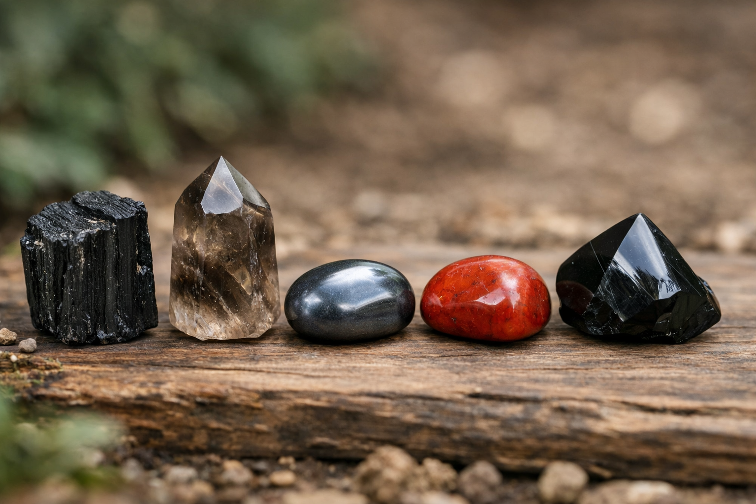 Labeled lineup of black tourmaline, smoky quartz, hematite, red jasper, and obsidian grounding crystals