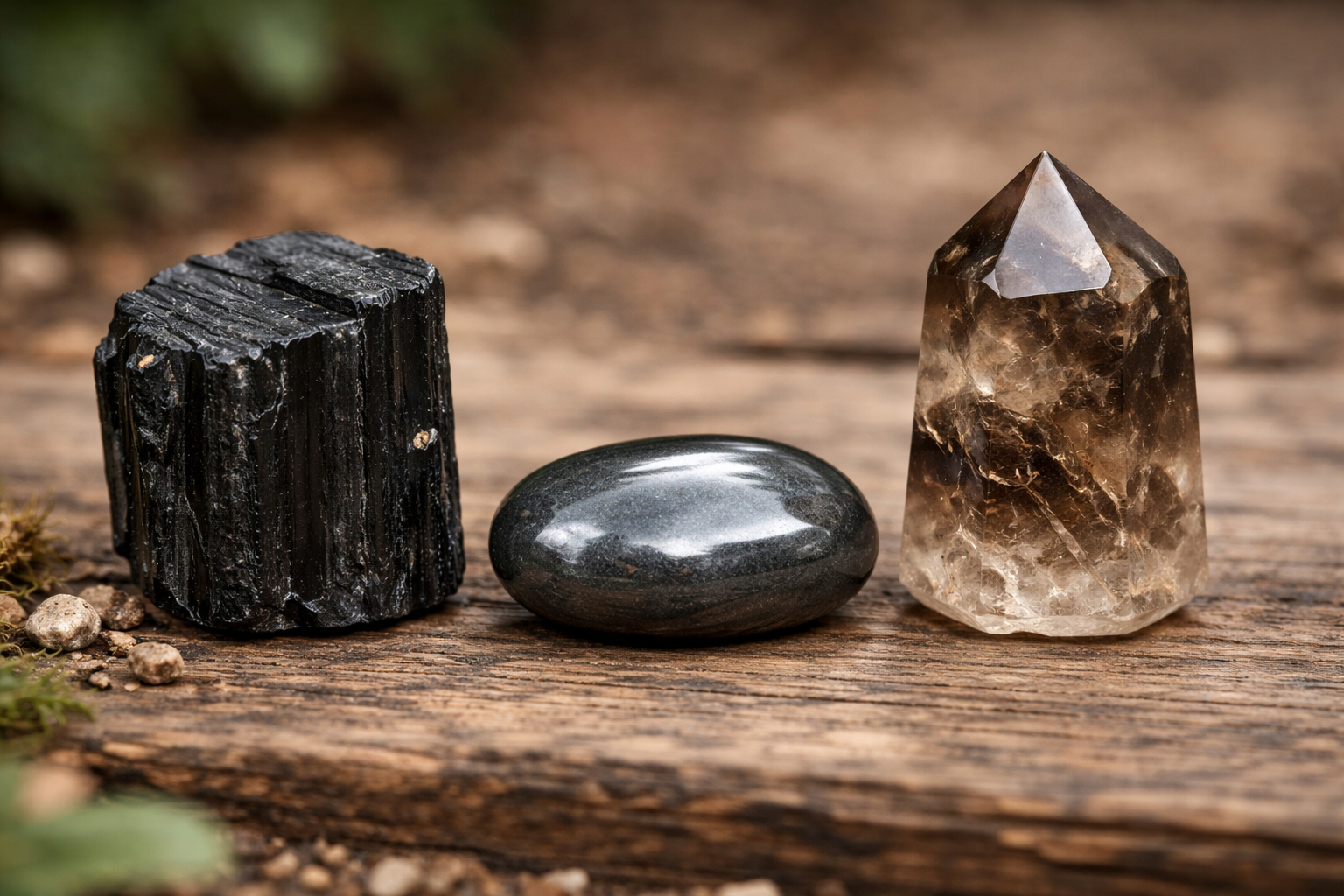 Side by side comparison of black tourmaline, hematite, and smoky quartz crystals