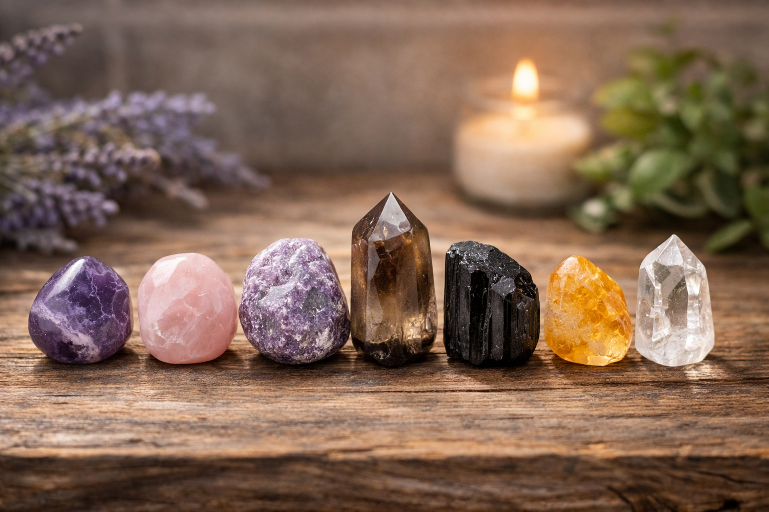 Labeled lineup of amethyst, rose quartz, lepidolite, smoky quartz, black tourmaline, citrine, and clear quartz