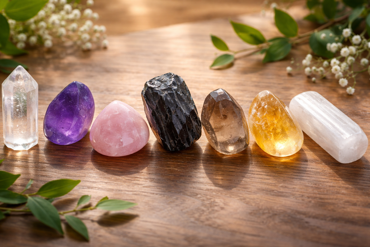7 Best Healing Crystals for Stress, Sleep, Love, and Protection 1 Labeled group of clear quartz, amethyst, rose quartz, black tourmaline, smoky quartz, citrine, and selenite