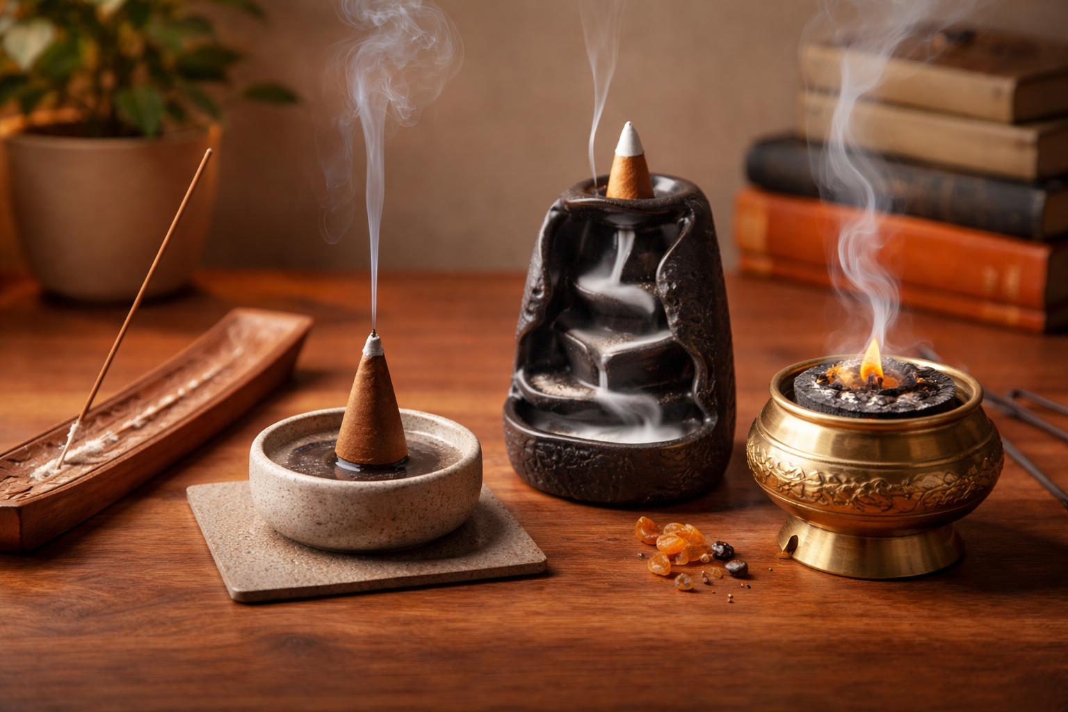 Comparison of incense burners for stick incense, cone incense, backflow cones, and resin
