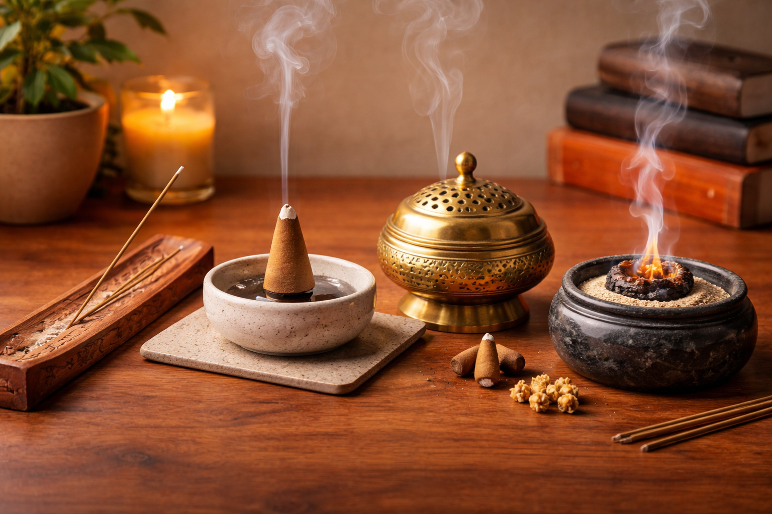 Ceramic, wooden, brass, and stone incense burners in different shapes for various spaces