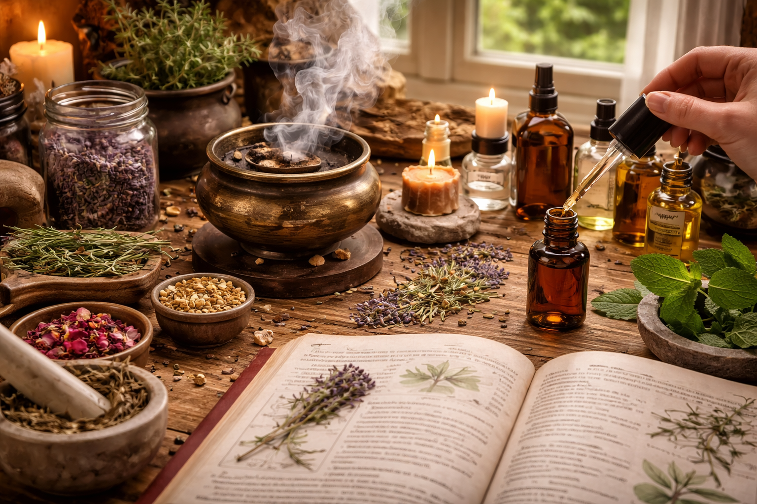 Safe spellwork setup with herbs, oils, incense, candles, and proper ventilation