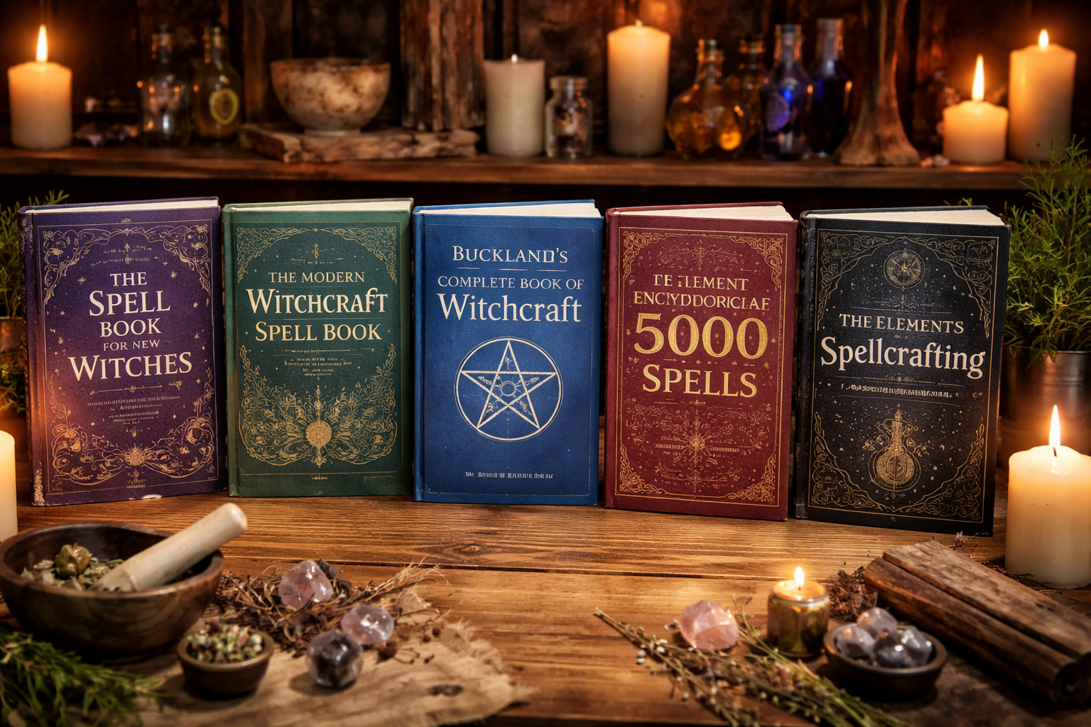 Different types of spell books arranged side by side for quick comparison