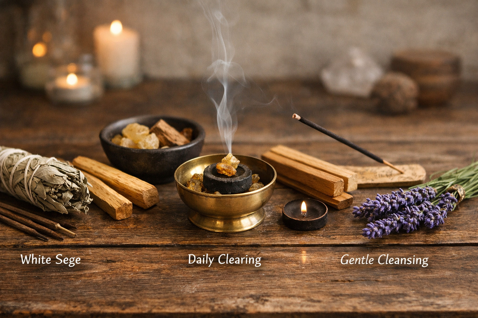 Comparison of cleansing incense types including white sage, palo santo, frankincense, sandalwood, lavender, and nag champa