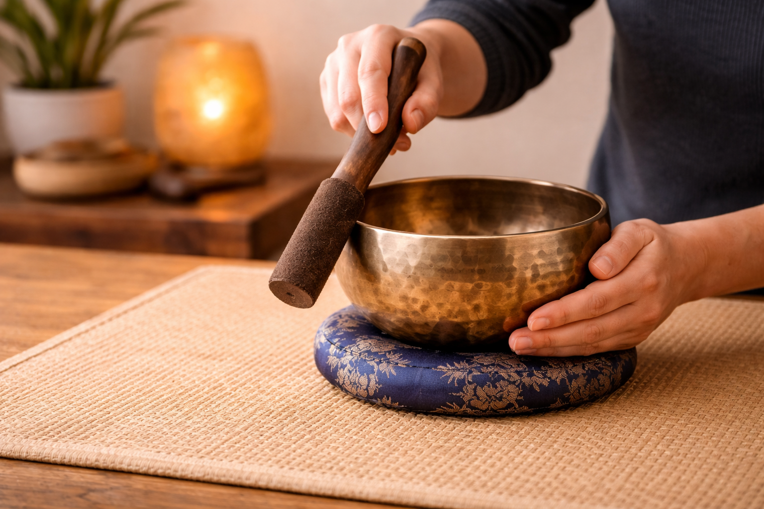 Person gently striking and circling the rim of a singing bowl during meditation