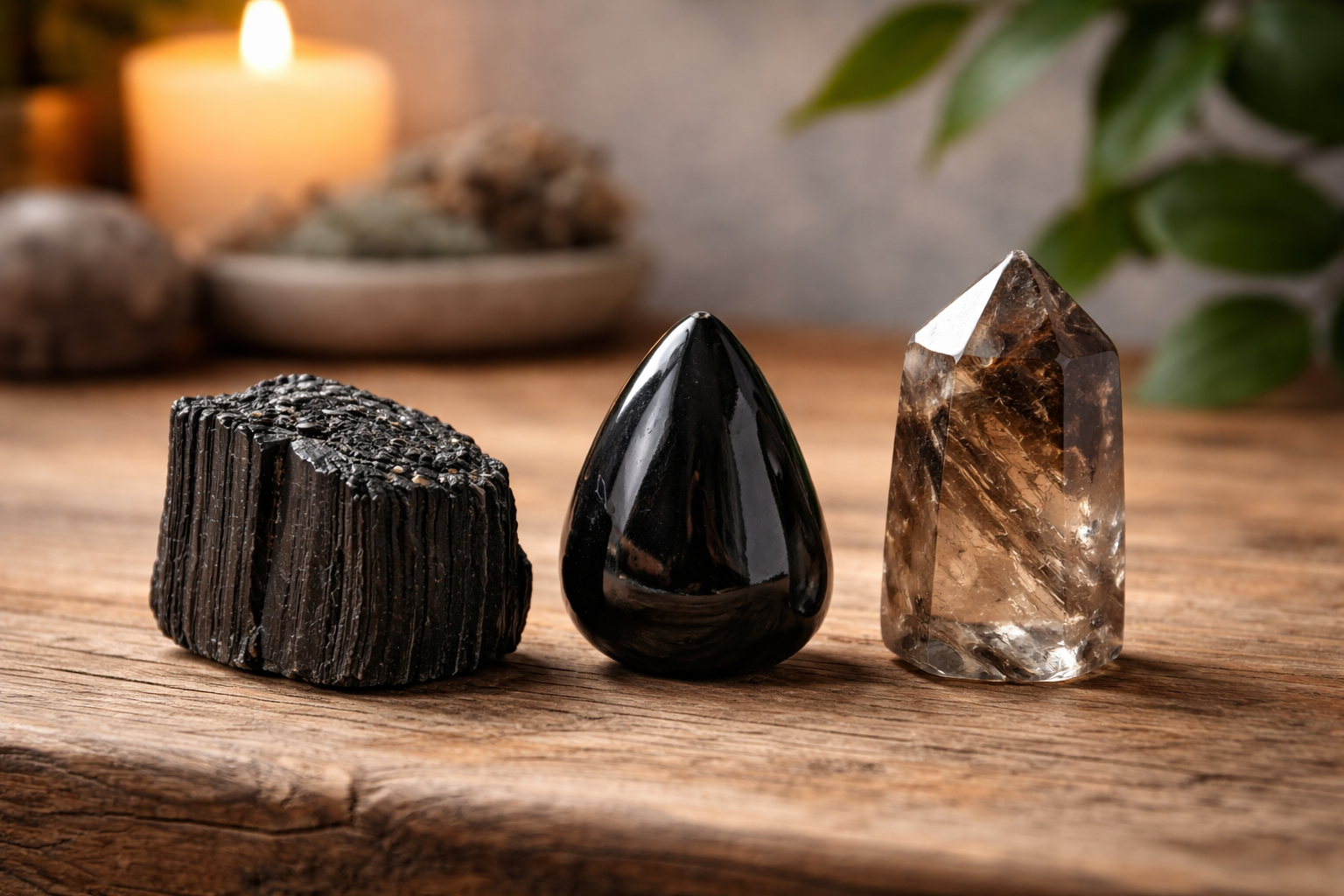 Side by side comparison of black tourmaline, obsidian, and smoky quartz crystals