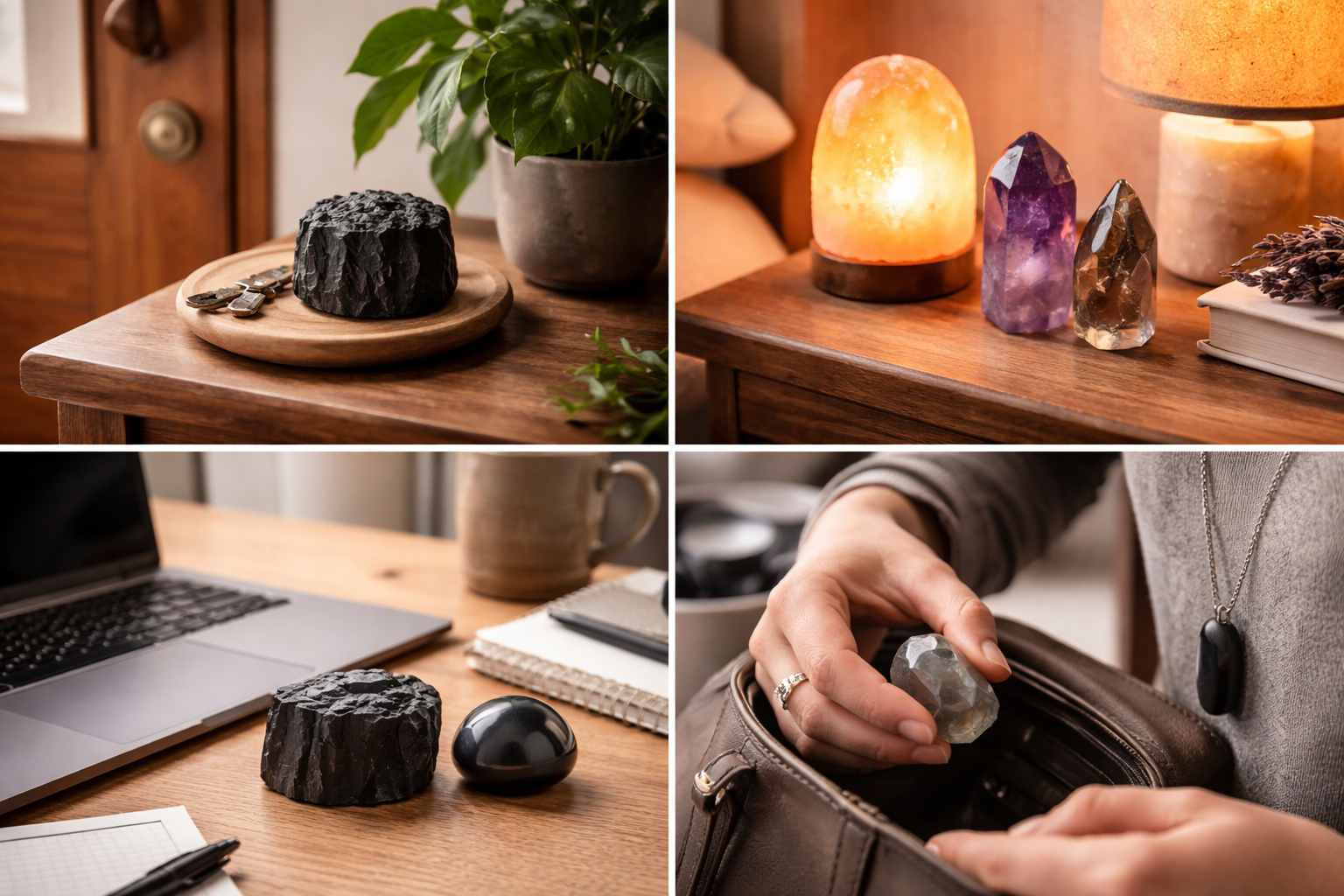 Protective crystals placed at a front door, bedside table, work desk, and worn as jewelry