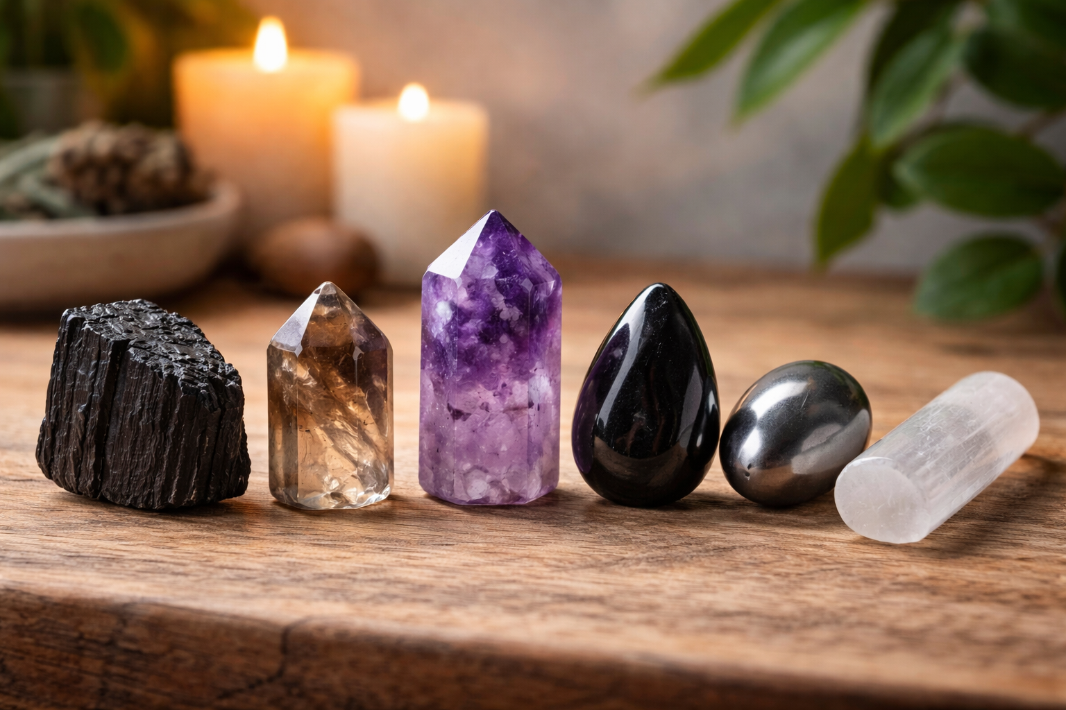 Black tourmaline, smoky quartz, amethyst, obsidian, hematite, and selenite arranged side by side