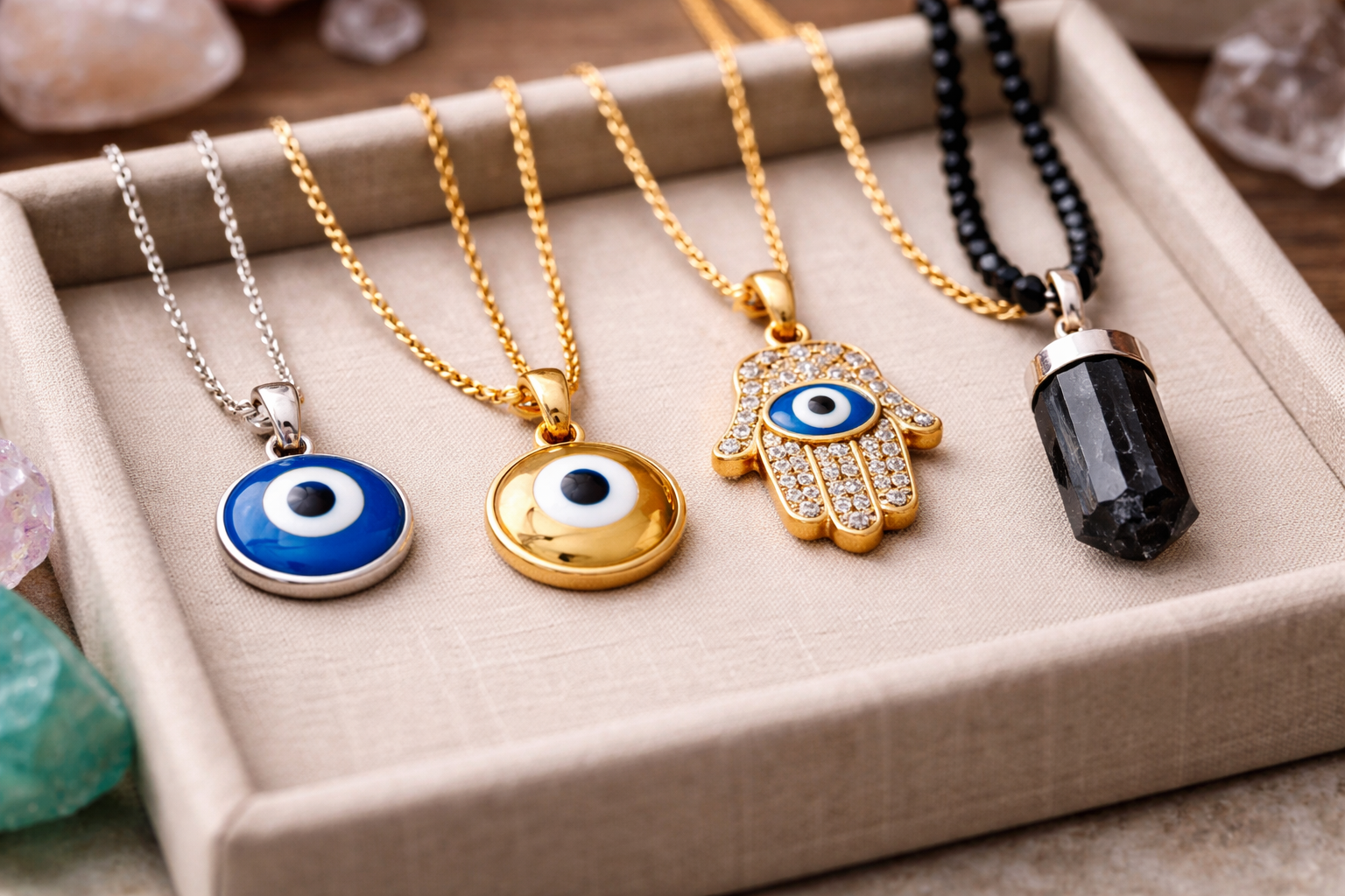Blue evil eye, gold vermeil evil eye, hamsa, and black tourmaline necklaces grouped together