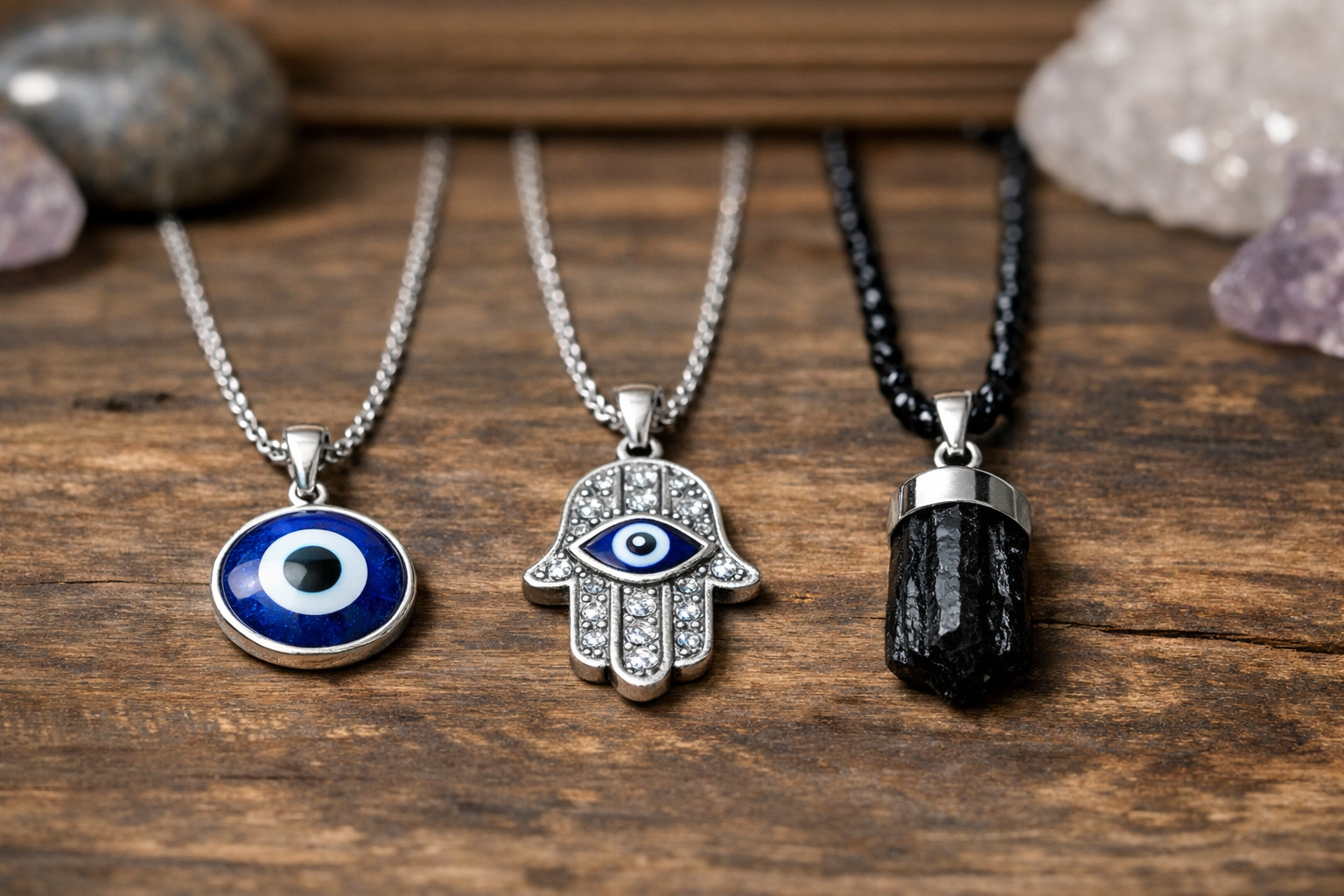 Comparison of evil eye, hamsa, and black tourmaline protection necklaces