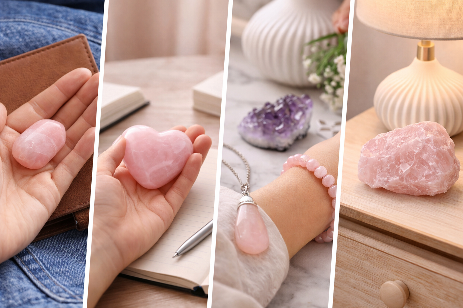 Comparison of crystal forms including tumbled stone, palm stone, bracelet, pendant, raw chunk, and ring