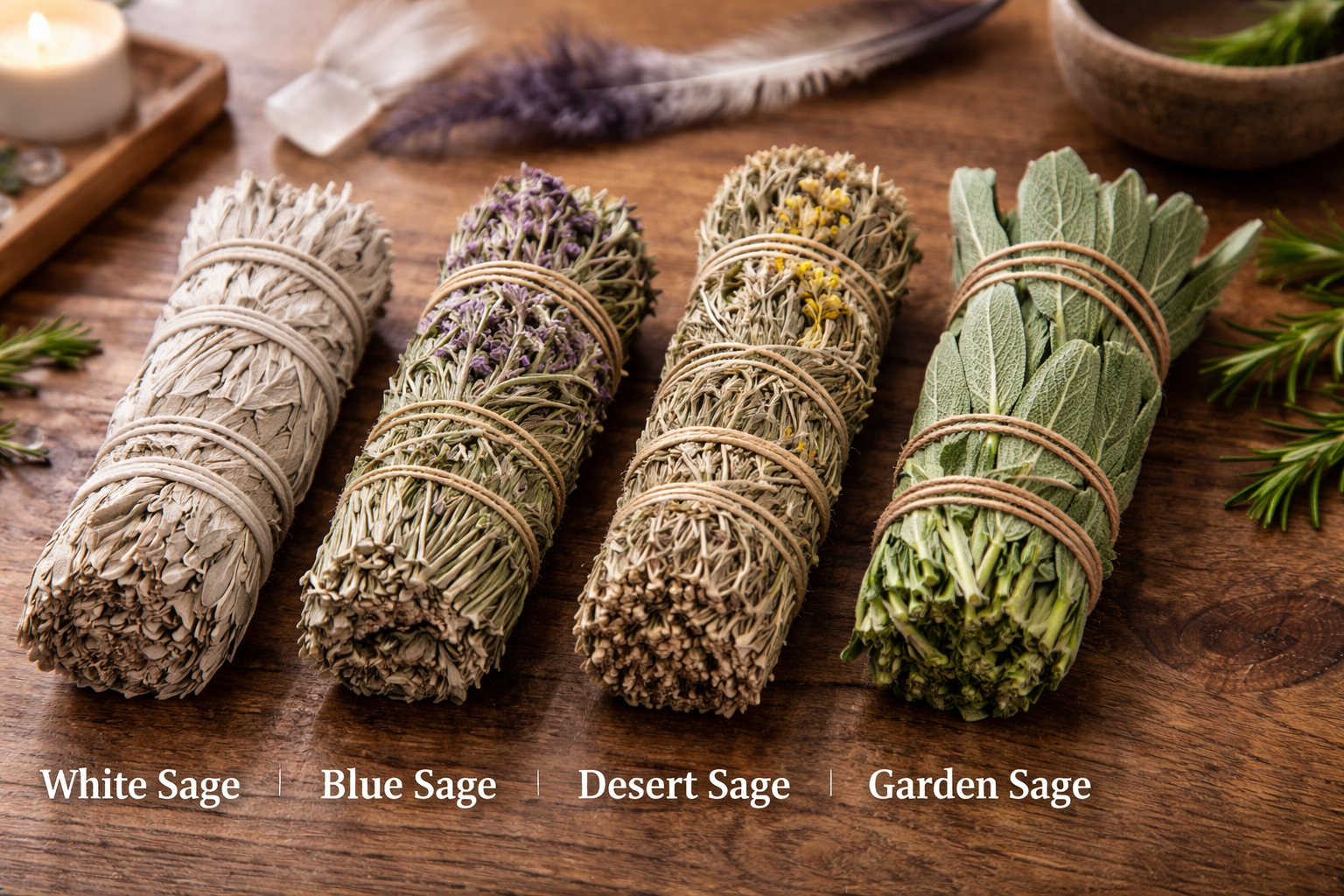 Side-by-side comparison of white sage, blue sage, desert sage, and garden sage bundles