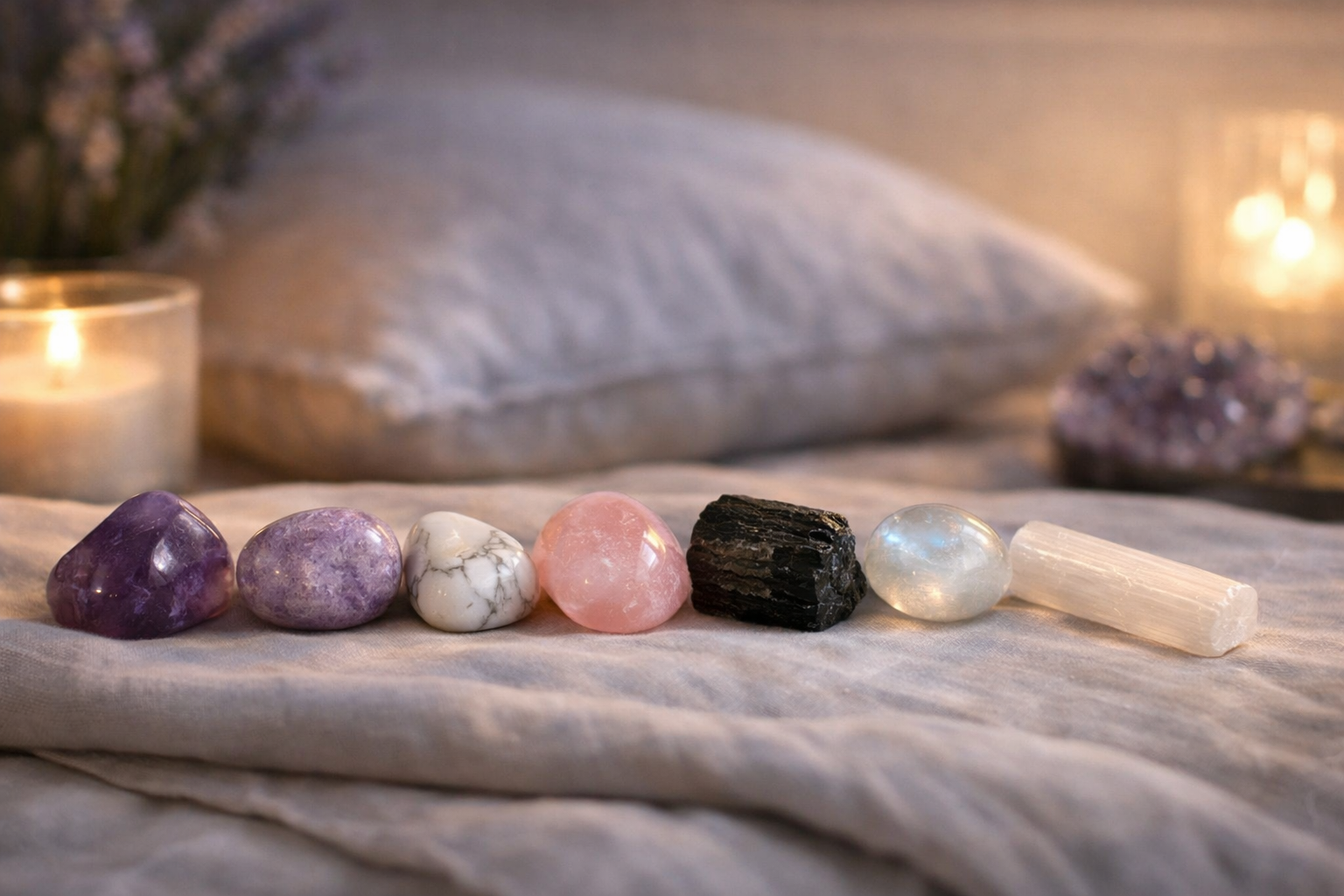 Labeled lineup of amethyst, lepidolite, howlite, rose quartz, black tourmaline, moonstone, and selenite for sleep