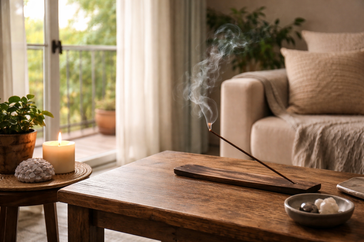 Simple home cleansing ritual setup with open window, lit incense, and safe burner placement