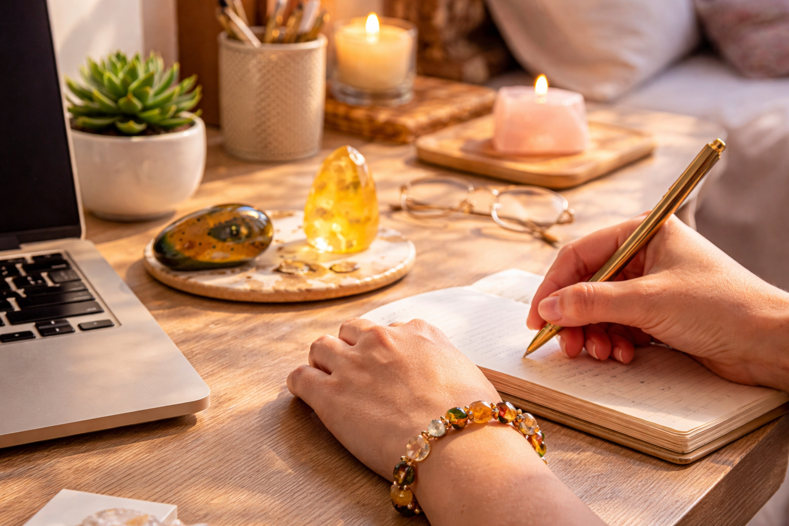 Examples of how to use Leo crystals in daily life as jewelry, desk stones, bedside stones, and pocket carry