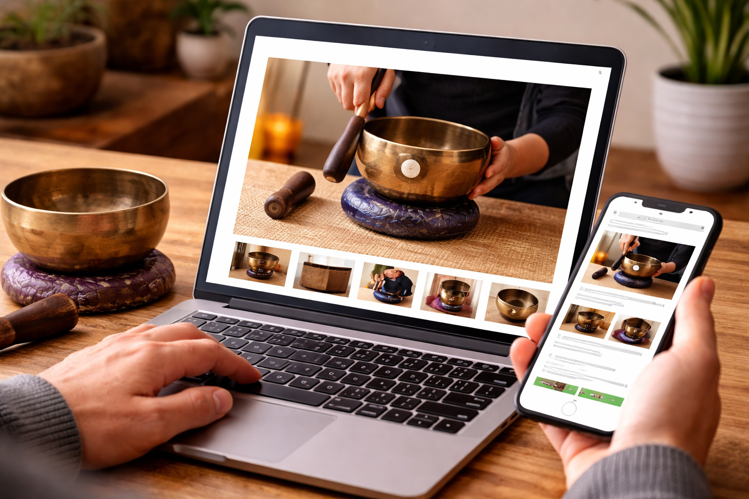 Close-up of a singing bowl set showing rim, striker, cushion, and hammered finish