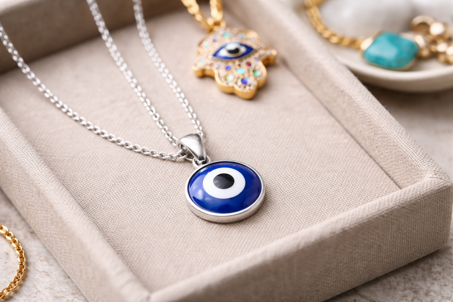 Minimalist blue evil eye necklace beside ornate protection necklace designs
