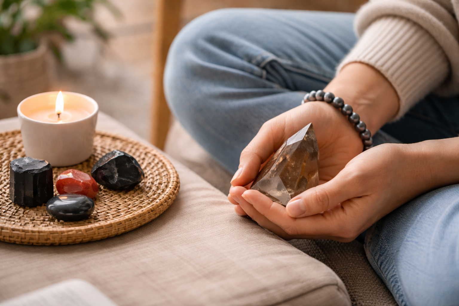 Grounding crystal used in a simple daily ritual on a desk with a hand holding a palm stone