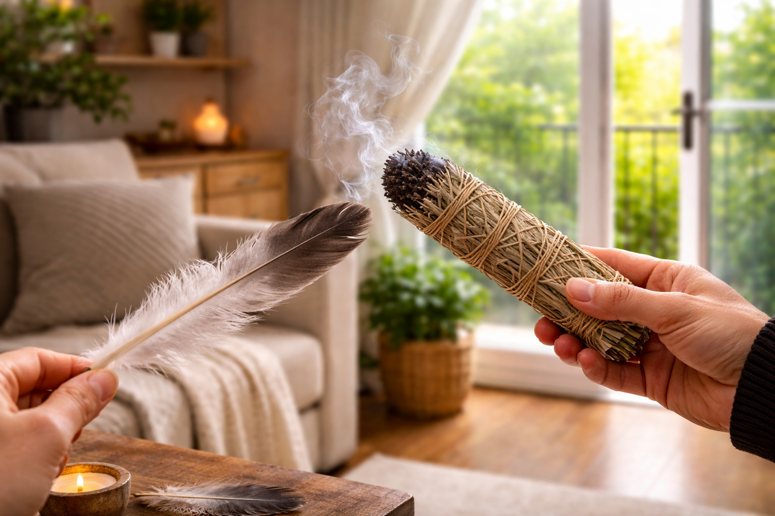 Person guiding smoke from a lit sage bundle through a room toward an open window