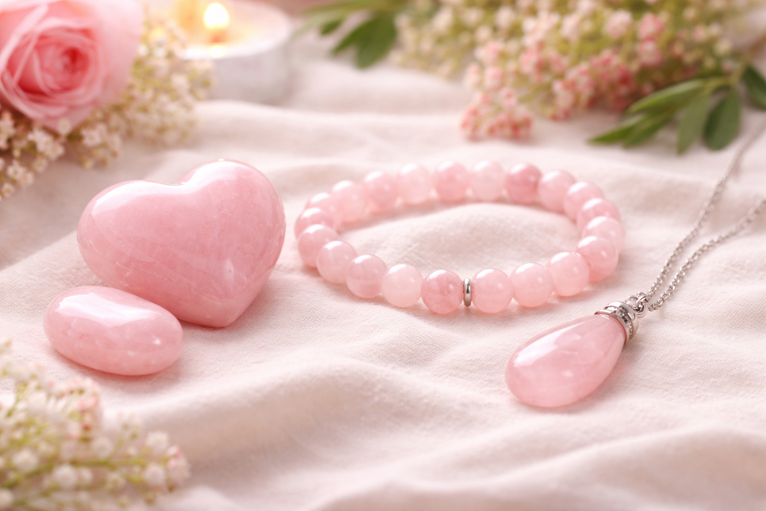 Close-up of rose quartz as a palm stone, bracelet beads, pendant, and polished heart