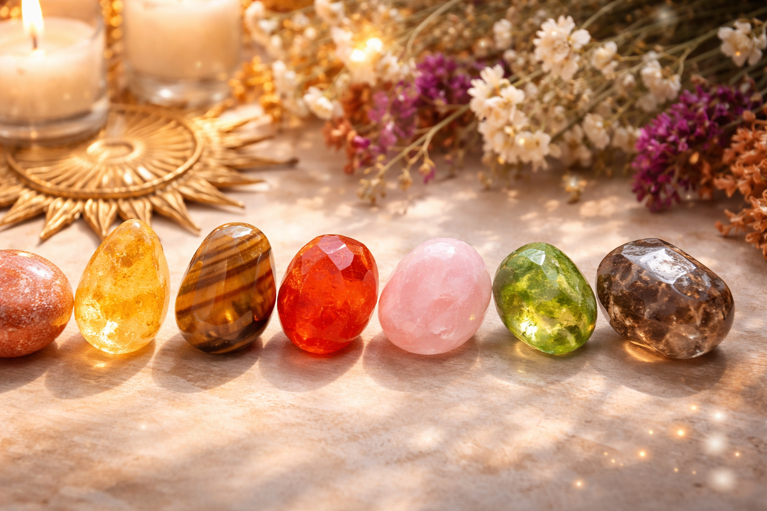 Labeled lineup of the best crystals for a Leo woman including sunstone, citrine, tiger's eye, carnelian, rose quartz, peridot, and smoky quartz