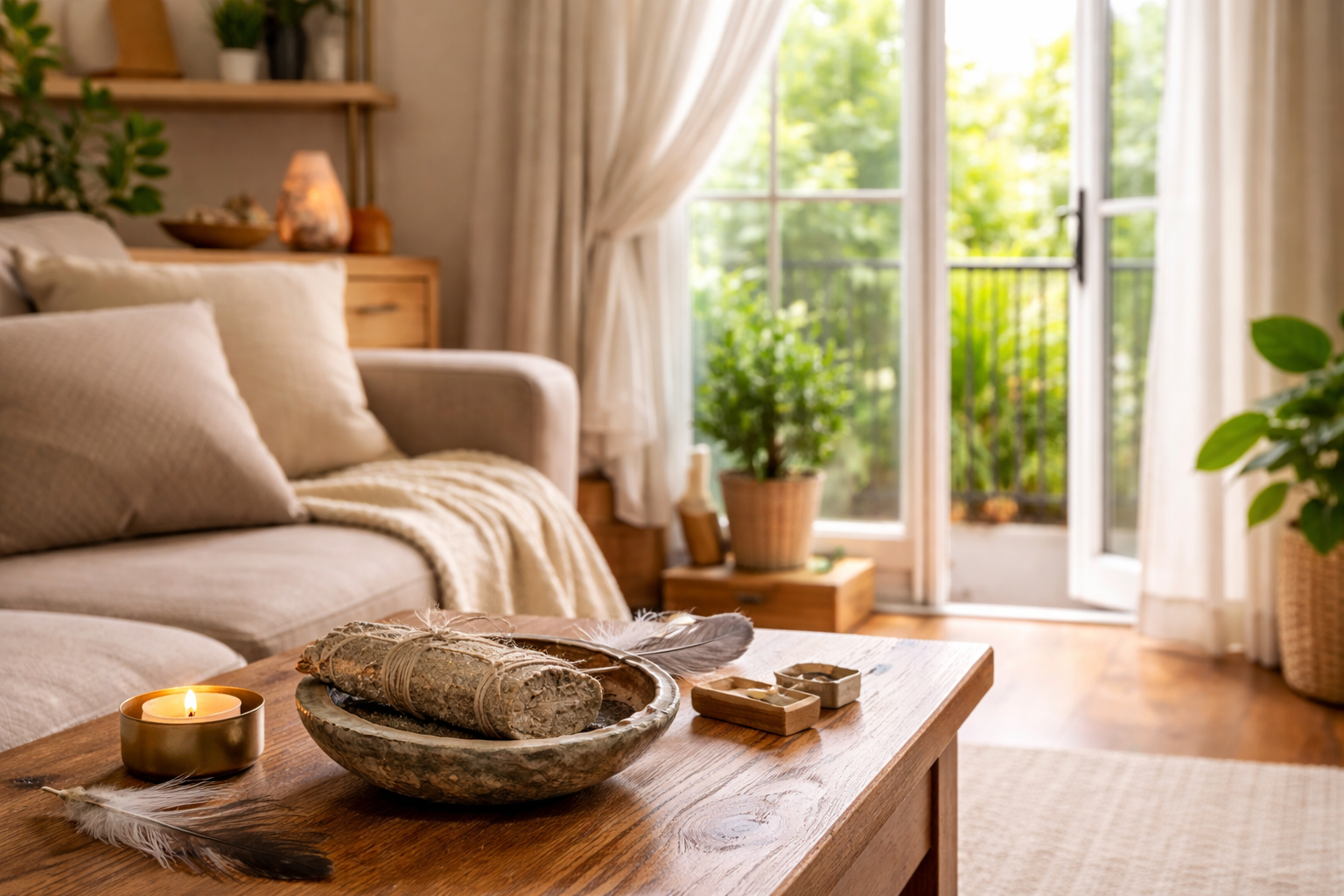 Prepared room for sage cleansing with open window, fireproof bowl, and tidy surface