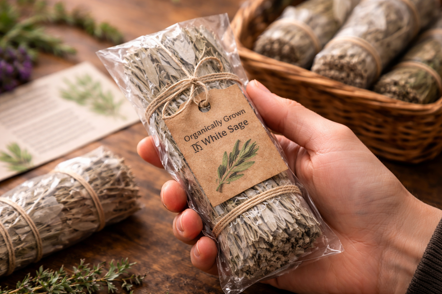 Close-up of a clean, well-formed sage bundle with visible texture and natural dried leaves
