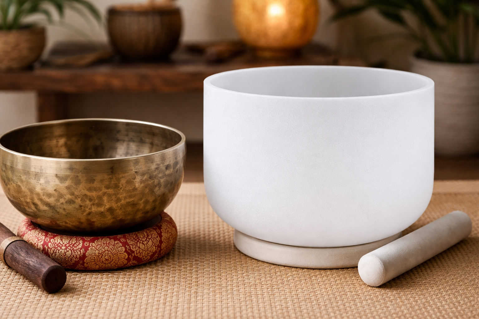 Metal Tibetan singing bowl beside a frosted crystal singing bowl
