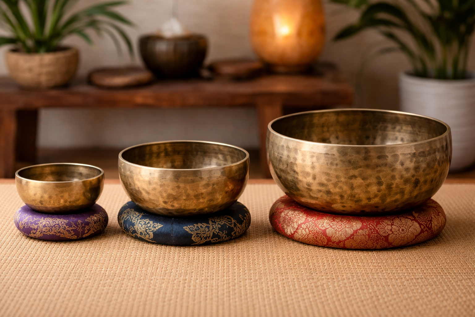 Small, medium, and large singing bowls arranged side by side for size comparison