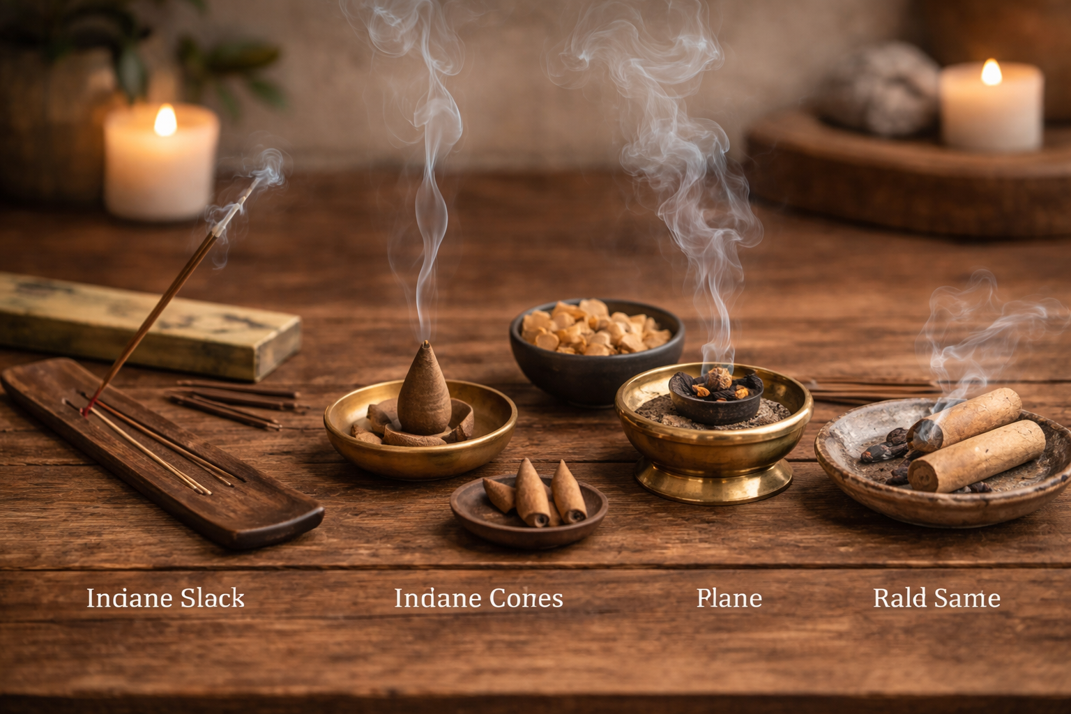 Incense forms comparison showing sticks, cones, resin on charcoal, and palo santo wood