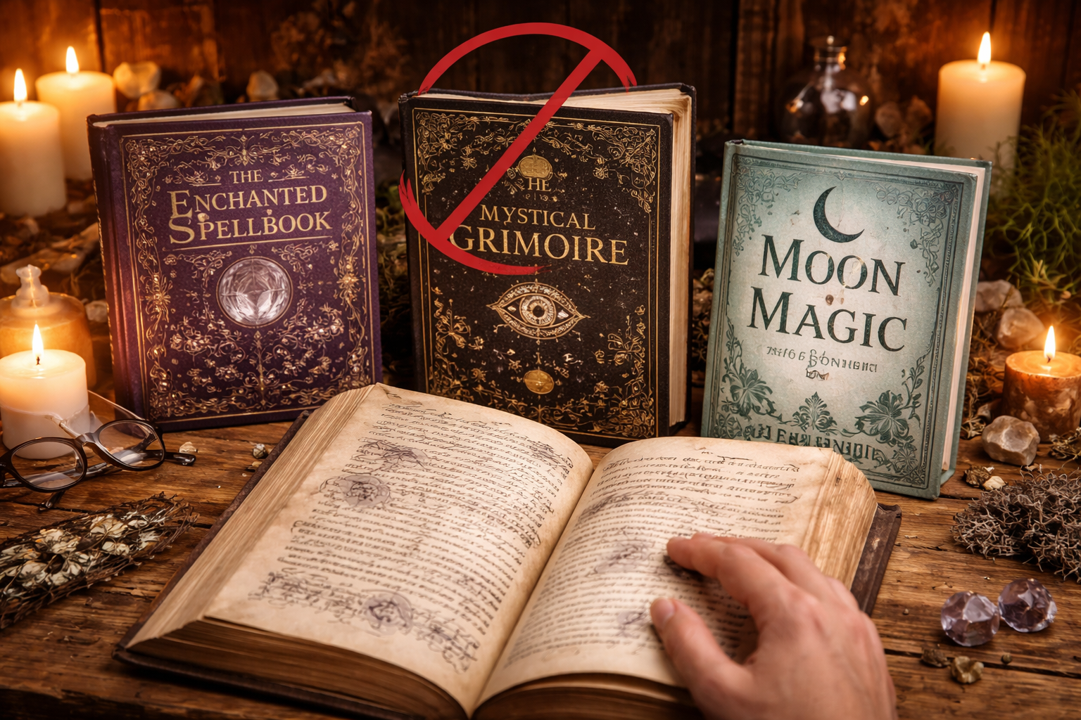 Decorative occult-style books contrasted with practical instructional spell books