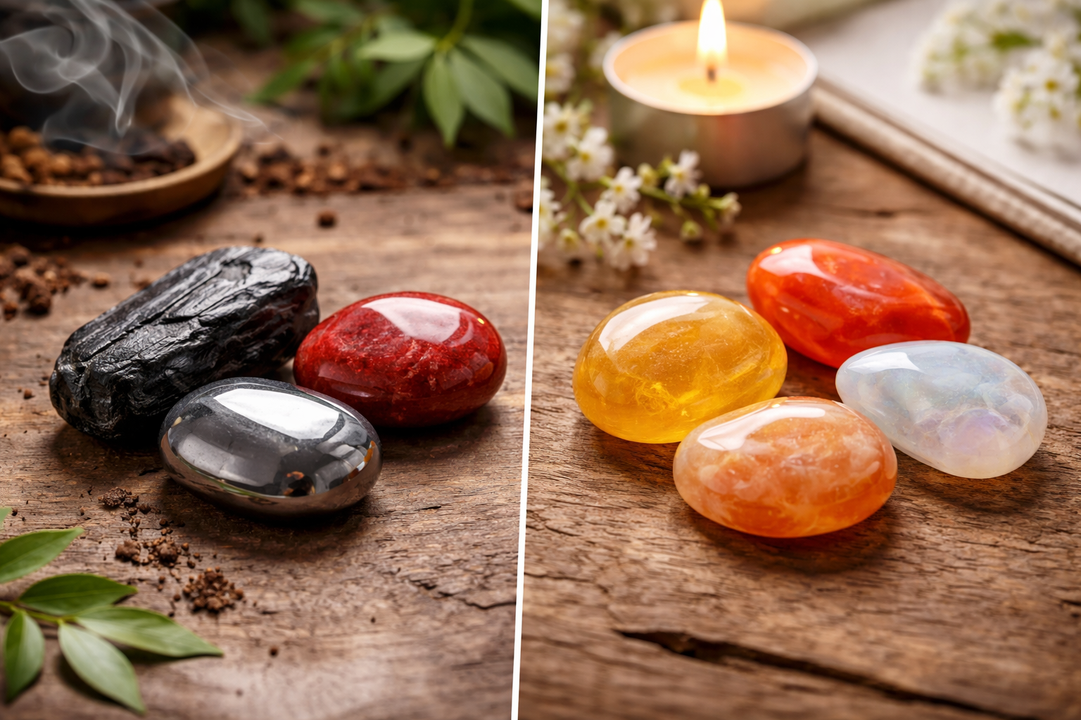 Close-up comparison of common crystals used for each chakra, including clear quartz, amethyst, rose quartz, and black tourmaline