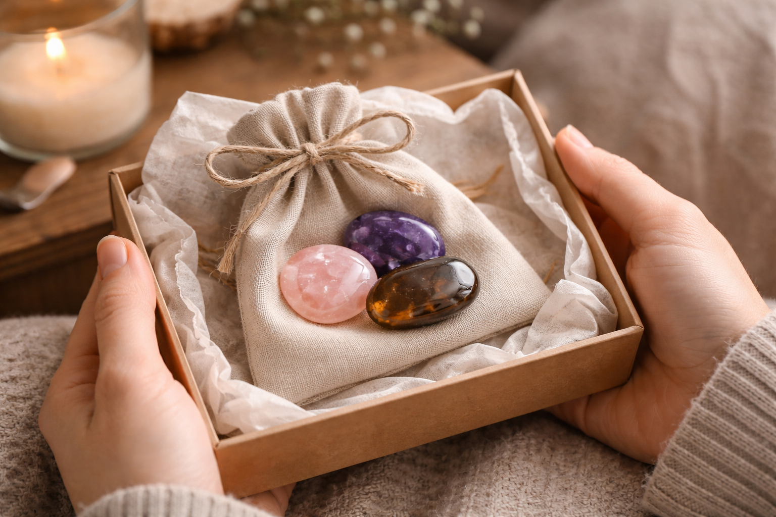 Simple grief crystal gift with a palm stone, small pouch, and handwritten note
