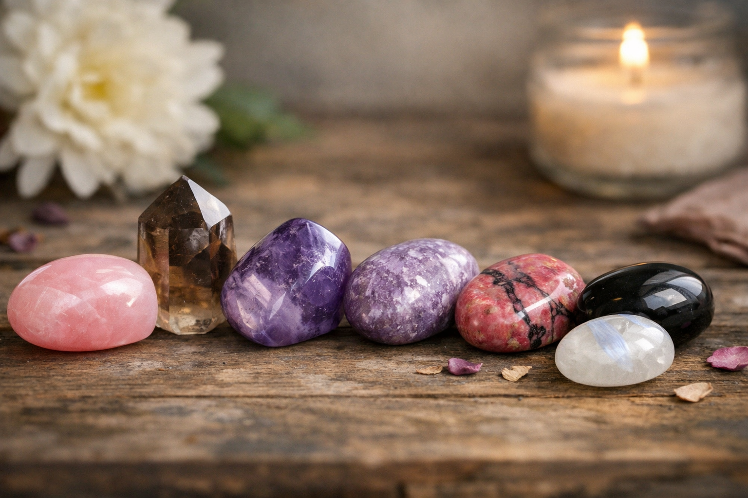 Rose quartz, smoky quartz, amethyst, lepidolite, rhodonite, black onyx, and moonstone arranged together